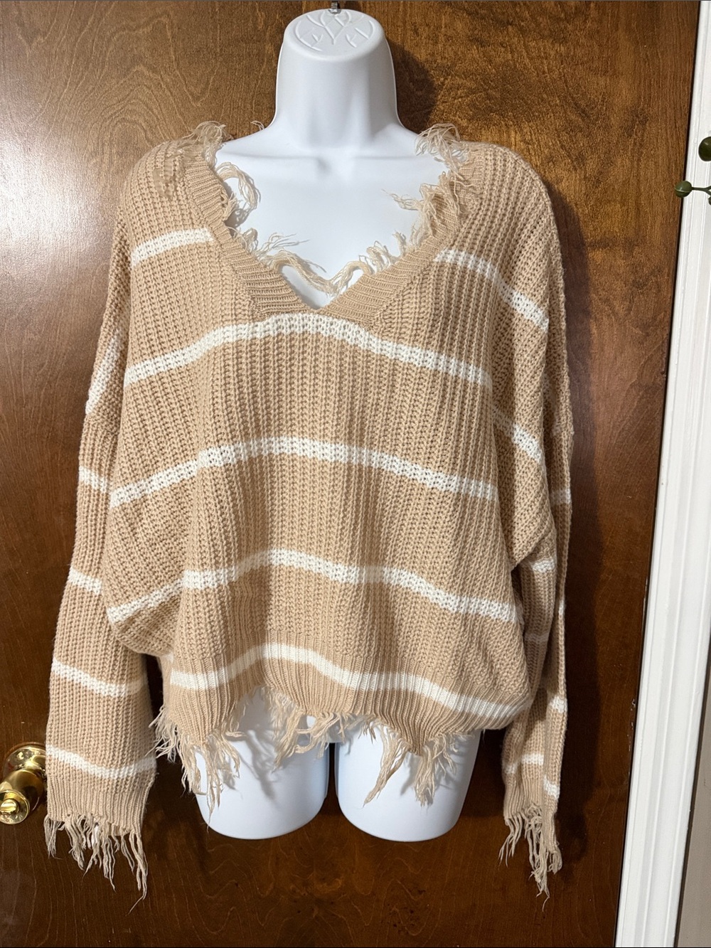 Frayed V-Neck Striped Sweater in Beige & White